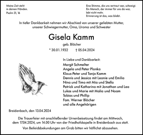 Traueranzeige von Gisela Kamm von Hinterländer Anzeiger