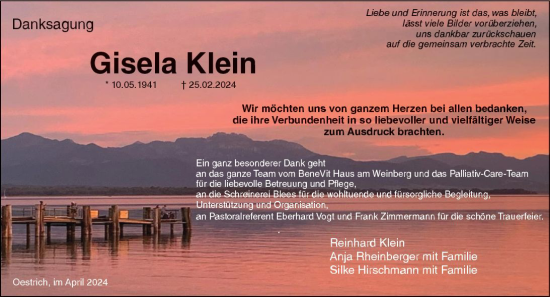 Traueranzeige von Gisela Klein von Rheingau Kurier