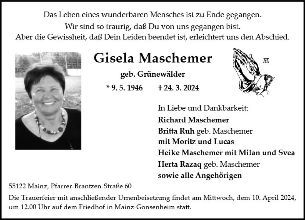  Traueranzeige für Gisela Maschemer vom 06.04.2024 aus Allgemeine Zeitung Mainz