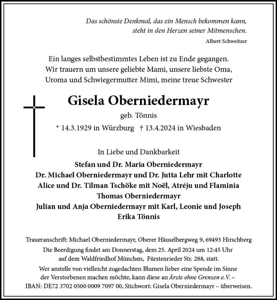  Traueranzeige für Gisela Oberniedermayr vom 20.04.2024 aus Wiesbadener Kurier