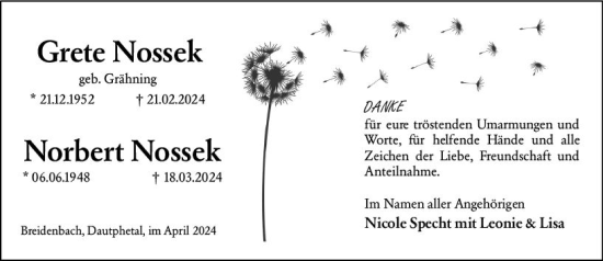 Traueranzeige von Grete Nossek von Hinterländer Anzeiger