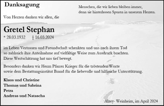 Traueranzeige von Gretel Stephan von Allgemeine Zeitung Alzey