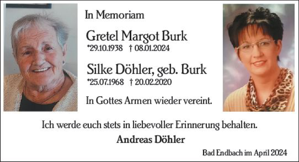  Traueranzeige für Gretel Margot Burk vom 08.04.2024 aus Hinterländer Anzeiger