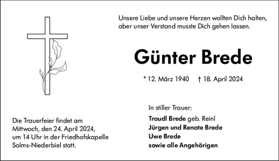 Traueranzeige von Günter Brede von Wetzlarer Neue Zeitung