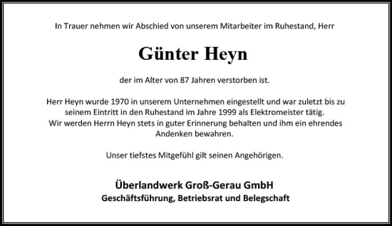 Traueranzeige von Günter Heyn von Groß-Gerauer Echo