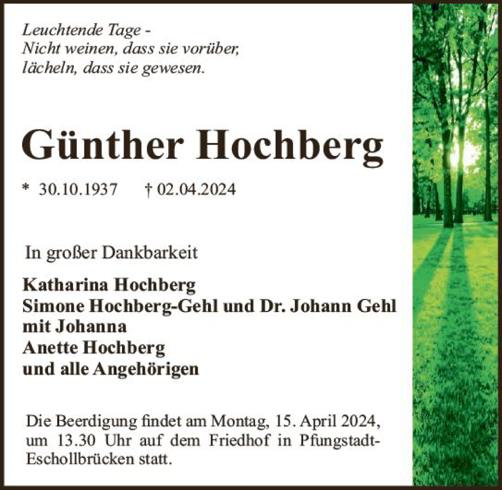  Traueranzeige für Günther Hochberg vom 06.04.2024 aus Darmstädter Echo