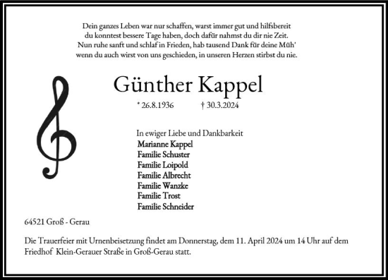 Traueranzeige von Günther Kappel von Groß-Gerauer Echo