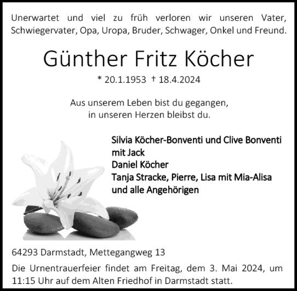  Traueranzeige für Günther Fritz Köcher vom 27.04.2024 aus Darmstädter Echo