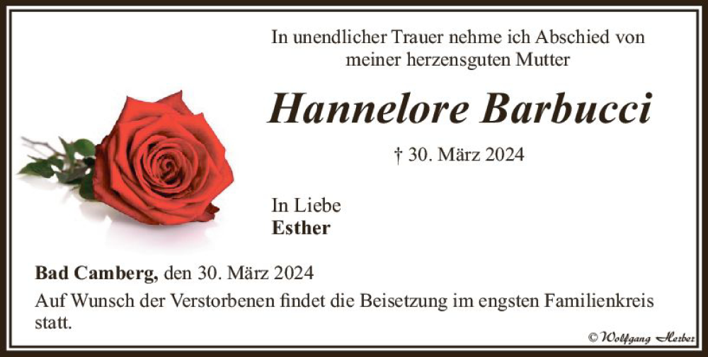  Traueranzeige für Hannelore Barbucci vom 11.04.2024 aus Camberger Anzeiger