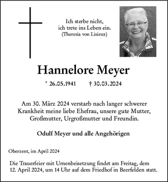 Traueranzeige von Hannelore Meyer von Odenwälder Echo