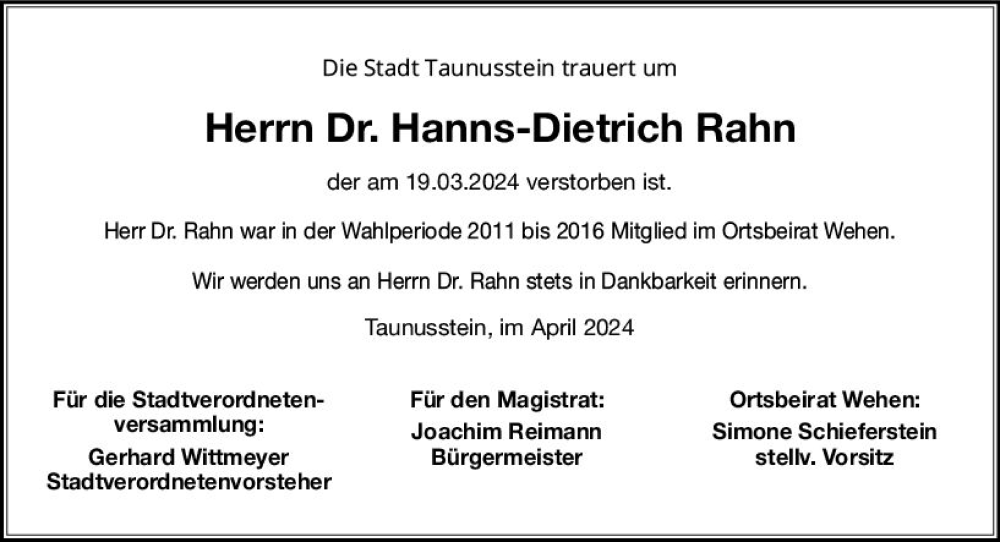  Traueranzeige für Hanns-Dietrich Rahn vom 06.04.2024 aus Idsteiner Land/Untertaunus