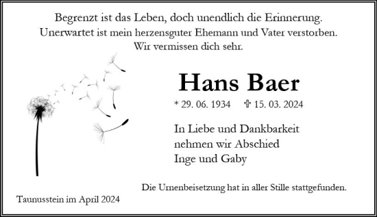 Traueranzeige von Hans Baer von Wiesbadener Kurier