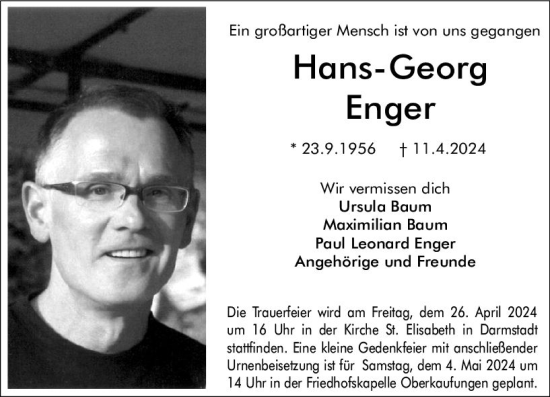 Traueranzeige von Hans-Georg Enger von Darmstädter Echo