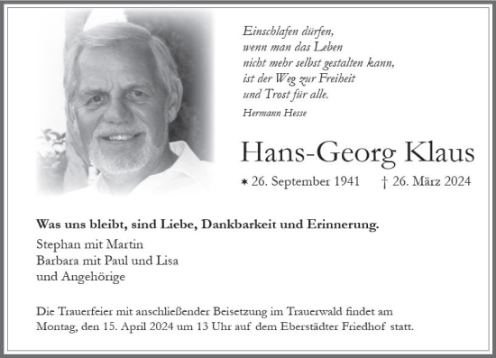 Traueranzeige von Hans-Georg Klaus von Darmstädter Echo