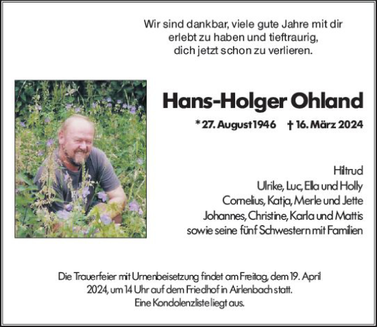 Traueranzeige von Hans-Holger Ohland von Odenwälder Echo