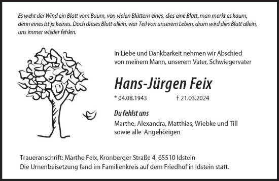 Traueranzeige von Hans-Jürgen Feix von Idsteiner Land/Untertaunus