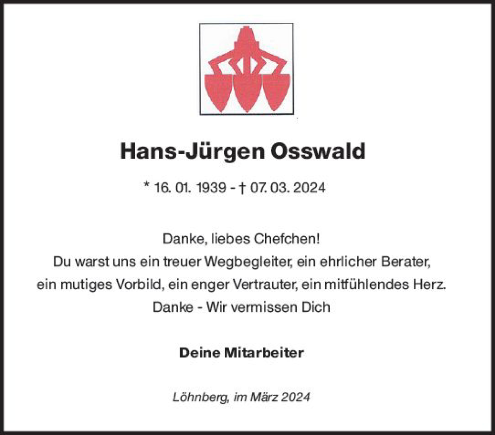  Traueranzeige für Hans-Jürgen Osswald vom 03.04.2024 aus Weilburger Tageblatt