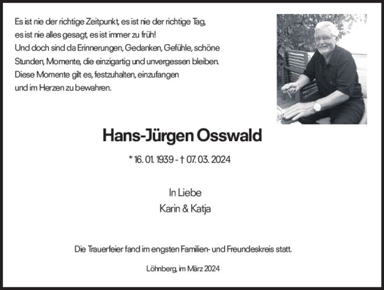 Traueranzeige von Hans-Jürgen Osswald von Weilburger Tageblatt