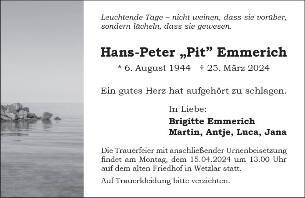  Traueranzeige für Hans-Peter Emmerich vom 10.04.2024 aus Wetzlarer Neue Zeitung