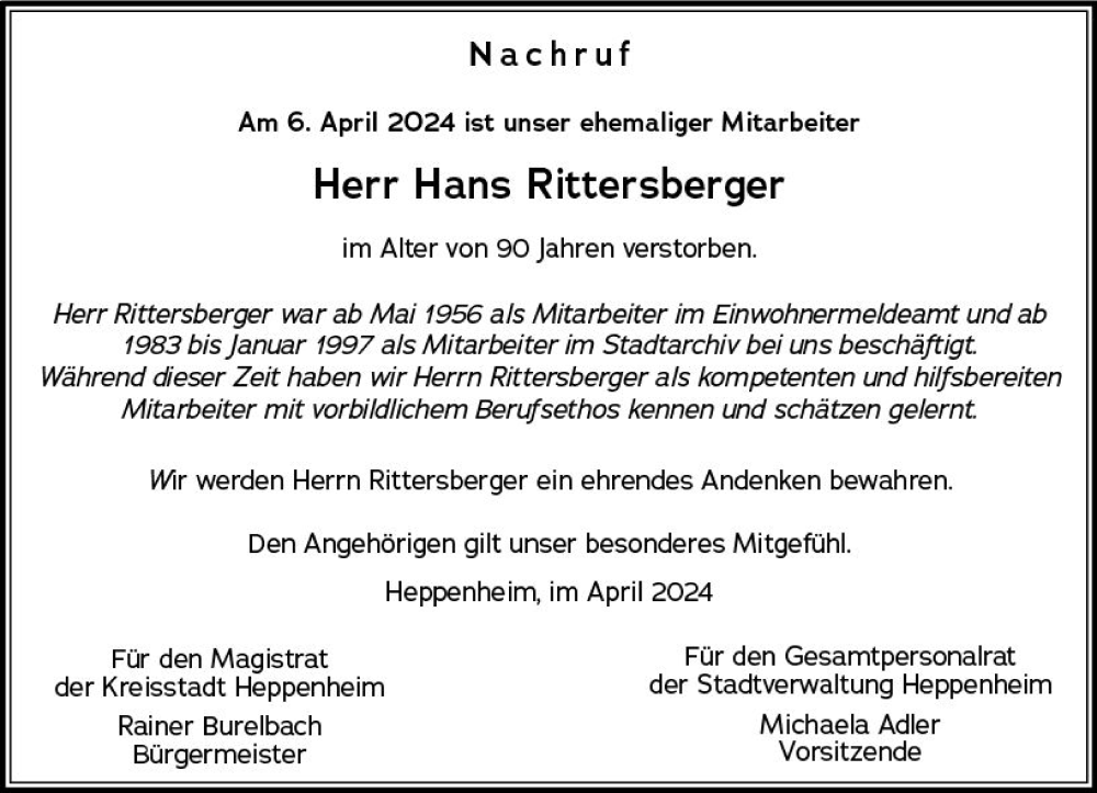  Traueranzeige für Hans Rittersberger vom 19.04.2024 aus Starkenburger Echo