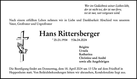 Traueranzeige von Hans Rittersberger von Starkenburger Echo