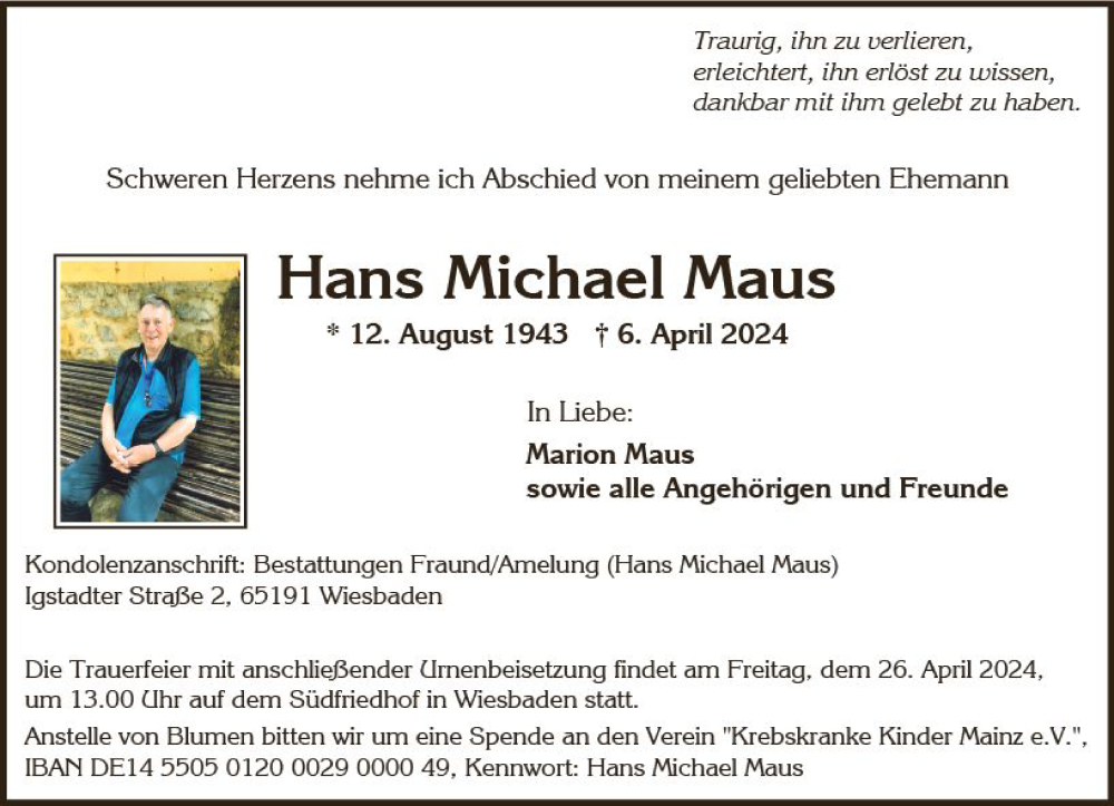  Traueranzeige für Hans Michael Maus vom 20.04.2024 aus Wiesbadener Kurier