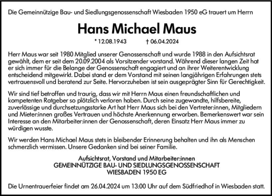 Traueranzeige von Hans Michael Maus von Wiesbadener Kurier