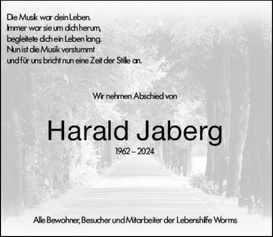 Traueranzeige von Harald Jaberg von Wormser Zeitung
