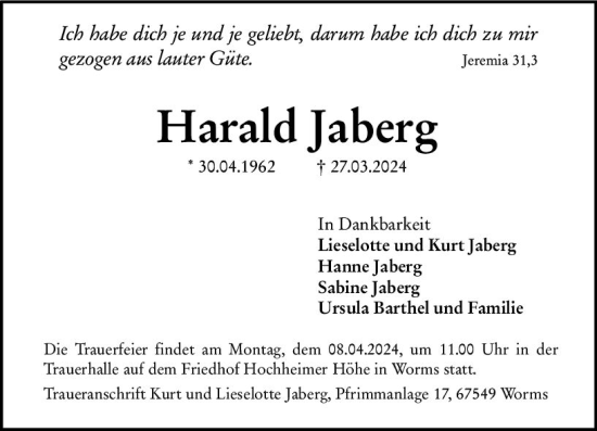 Traueranzeige von Harald Jaberg von Wormser Zeitung