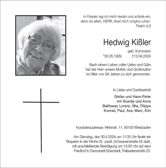 Traueranzeige von Hedwig Kißler von Darmstädter Echo