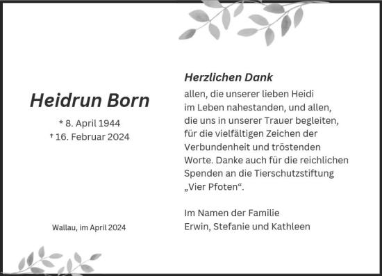 Traueranzeige von Heidrun Born von Wiesbadener Kurier