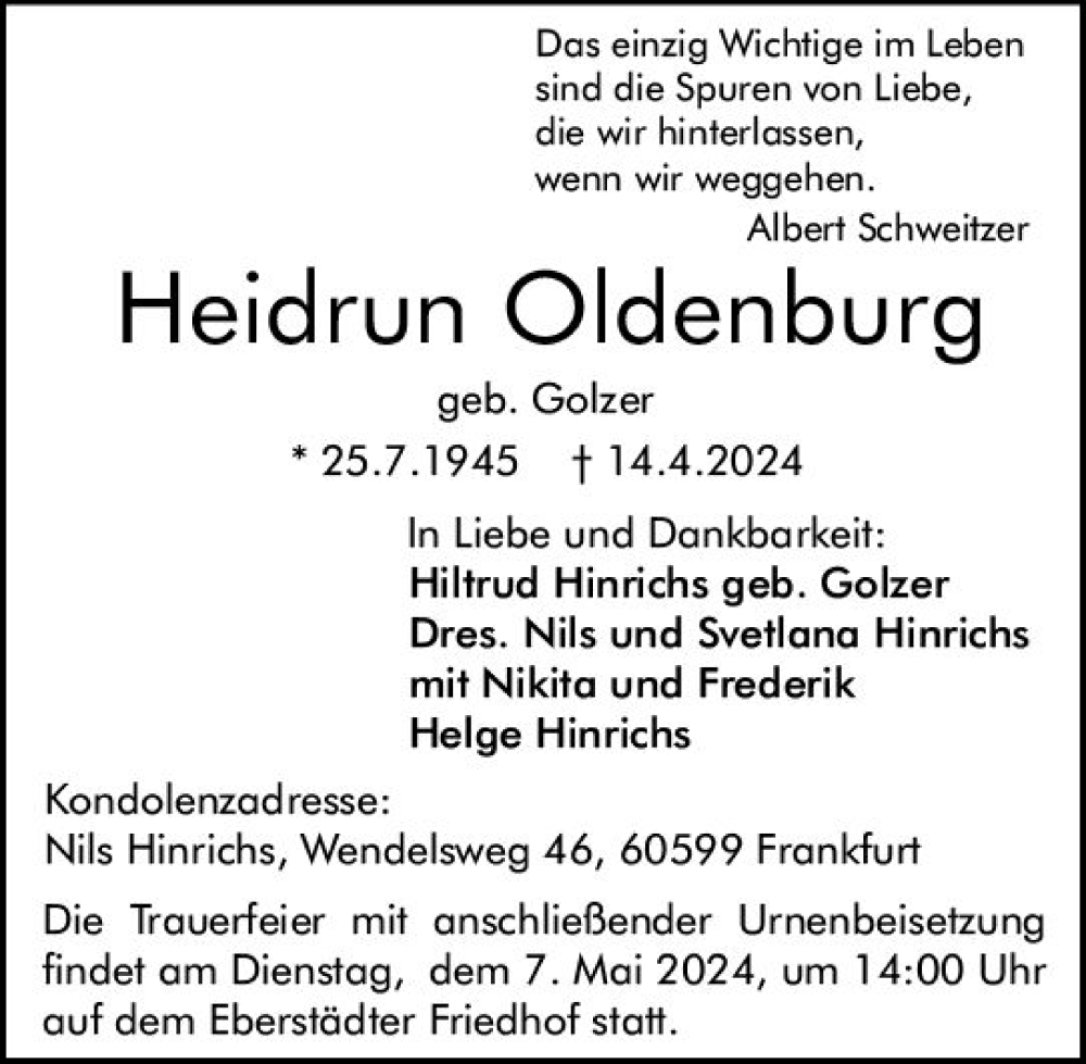  Traueranzeige für Heidrun Oldenburg vom 27.04.2024 aus Darmstädter Echo