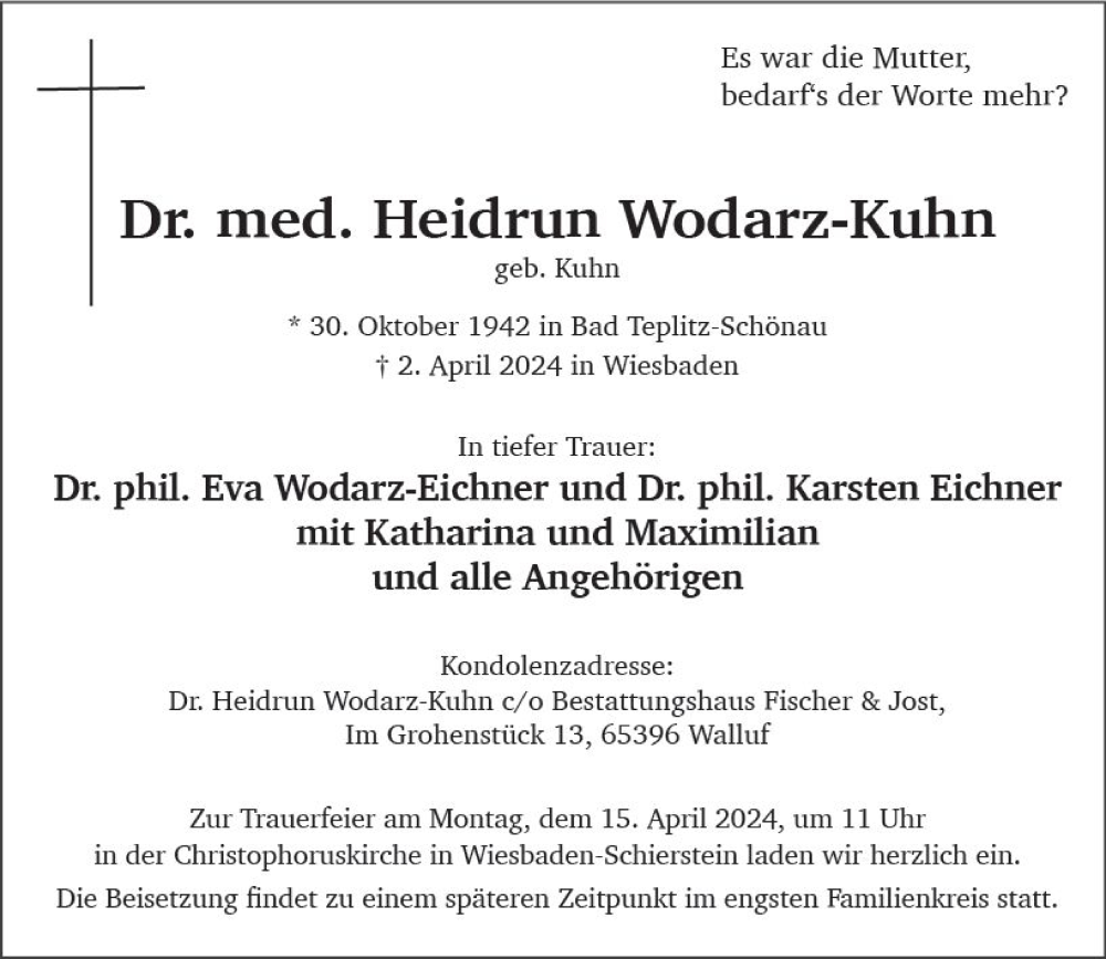  Traueranzeige für Heidrun Wodarz-Kuhn vom 06.04.2024 aus Wiesbadener Kurier