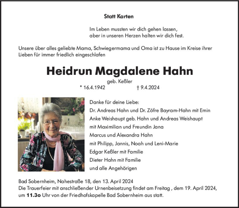  Traueranzeige für Heidrun Magdalene Hahn vom 13.04.2024 aus Allgemeine Zeitung Bad Kreuznach