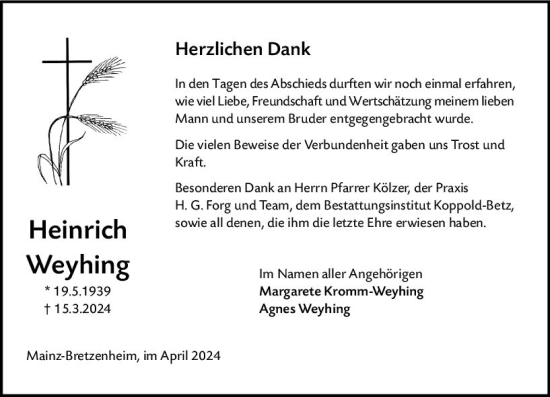 Traueranzeige von Heinrich Weyhing von Allgemeine Zeitung Mainz