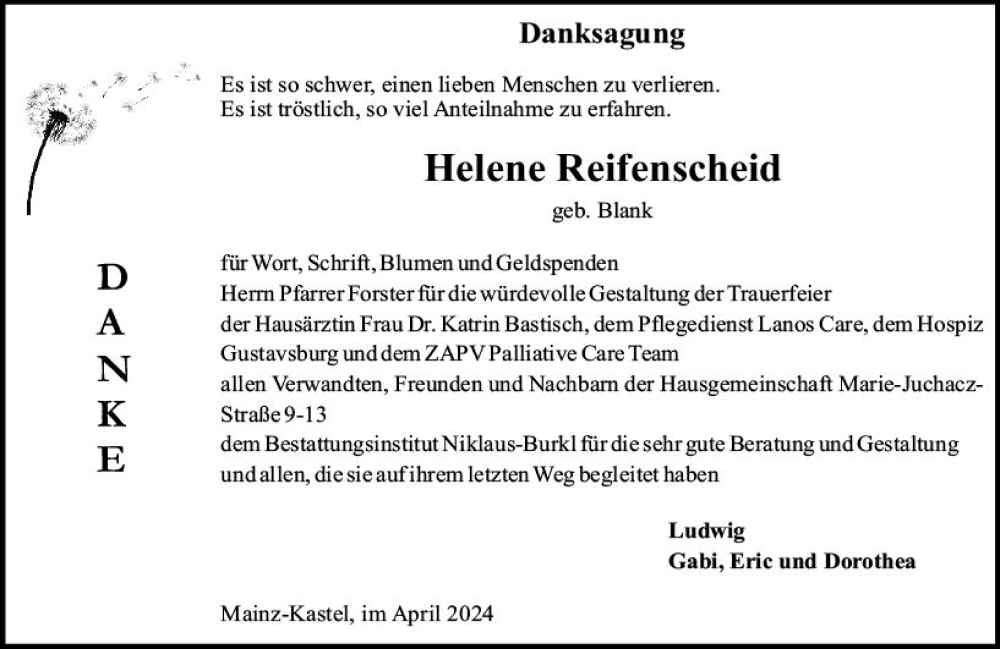  Traueranzeige für Helene Reifenscheid vom 13.04.2024 aus Allgemeine Zeitung Mainz