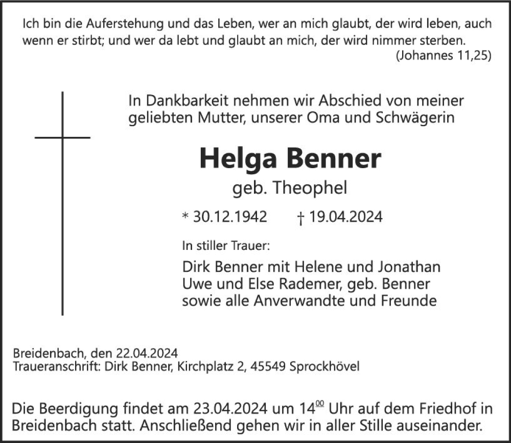  Traueranzeige für Helga Benner vom 22.04.2024 aus Hinterländer Anzeiger