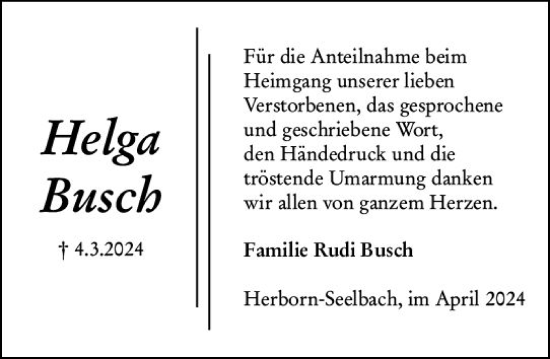 Traueranzeige von Helga Busch von Dill Block
