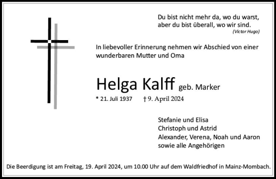 Traueranzeige von Helga Kalff von Allgemeine Zeitung Mainz