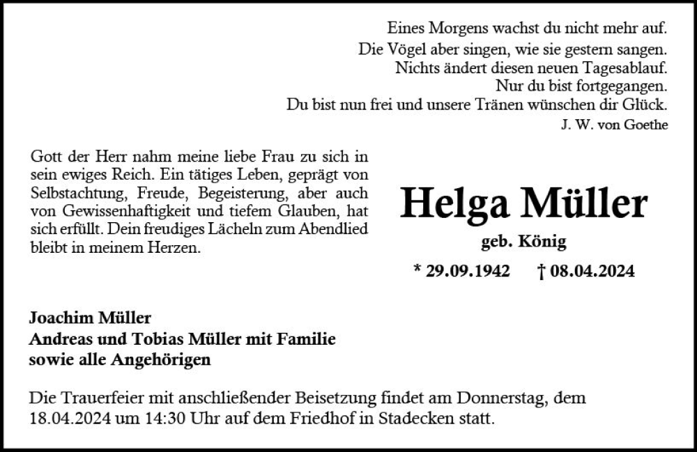  Traueranzeige für Helga Müller vom 13.04.2024 aus Allgemeine Zeitung Mainz