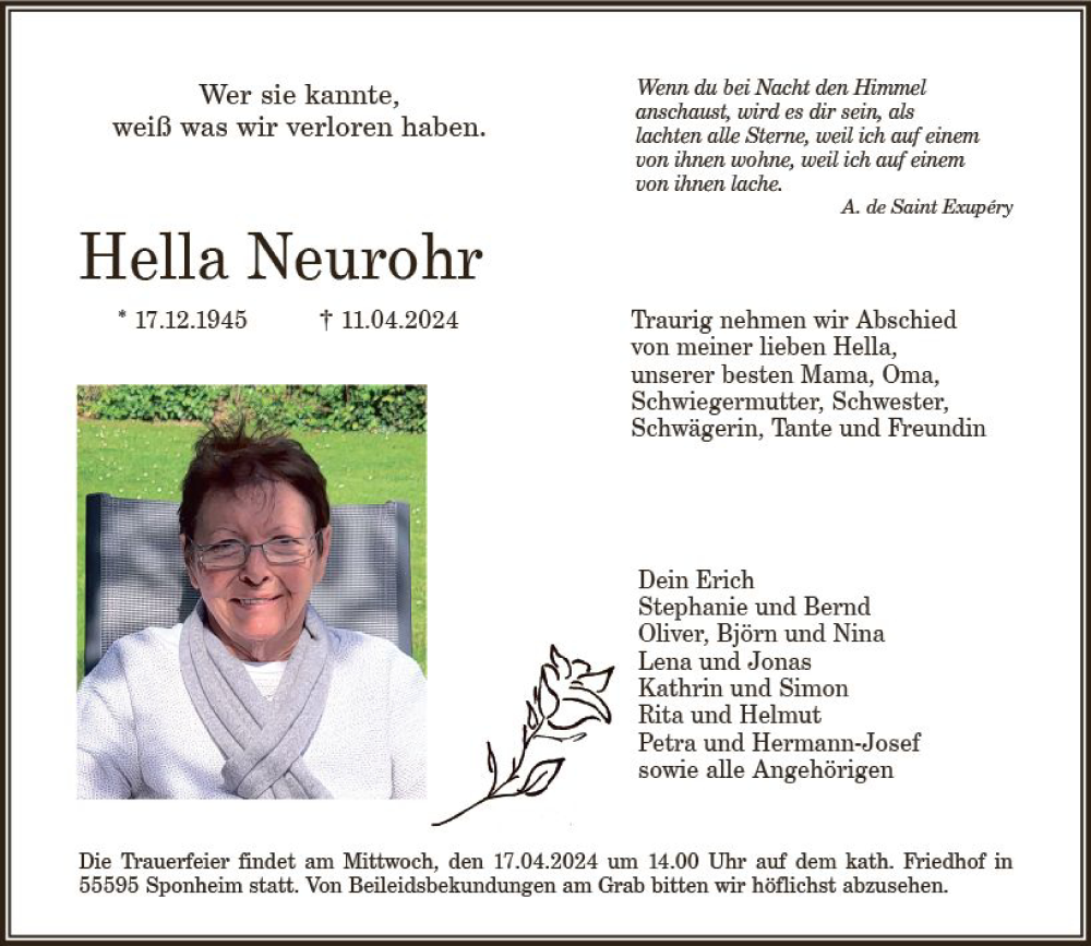 Traueranzeige für Hella Neurohr vom 16.04.2024 aus Allgemeine Zeitung Bad Kreuznach