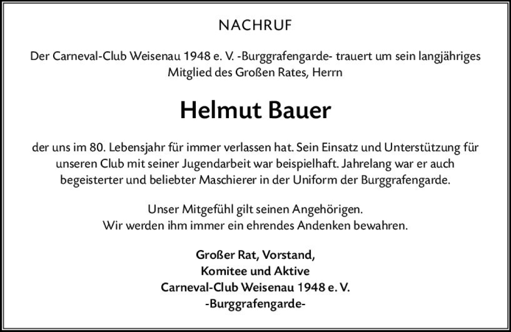  Traueranzeige für Helmut Bauer vom 13.04.2024 aus Allgemeine Zeitung Mainz
