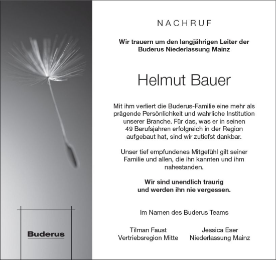 Traueranzeige von Helmut Bauer von Wiesbadener Kurier