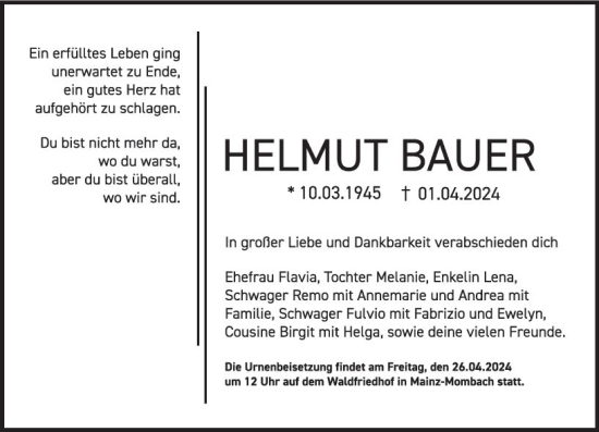 Traueranzeige von Helmut Bauer von Allgemeine Zeitung Mainz
