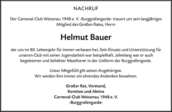 Traueranzeige von Helmut Bauer von Allgemeine Zeitung Mainz