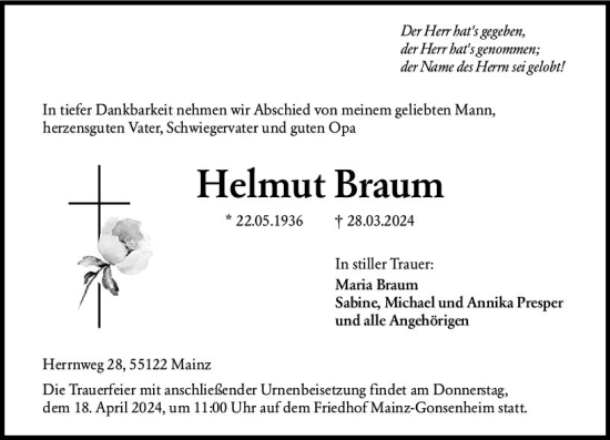 Traueranzeige von Helmut Braum von Allgemeine Zeitung Mainz