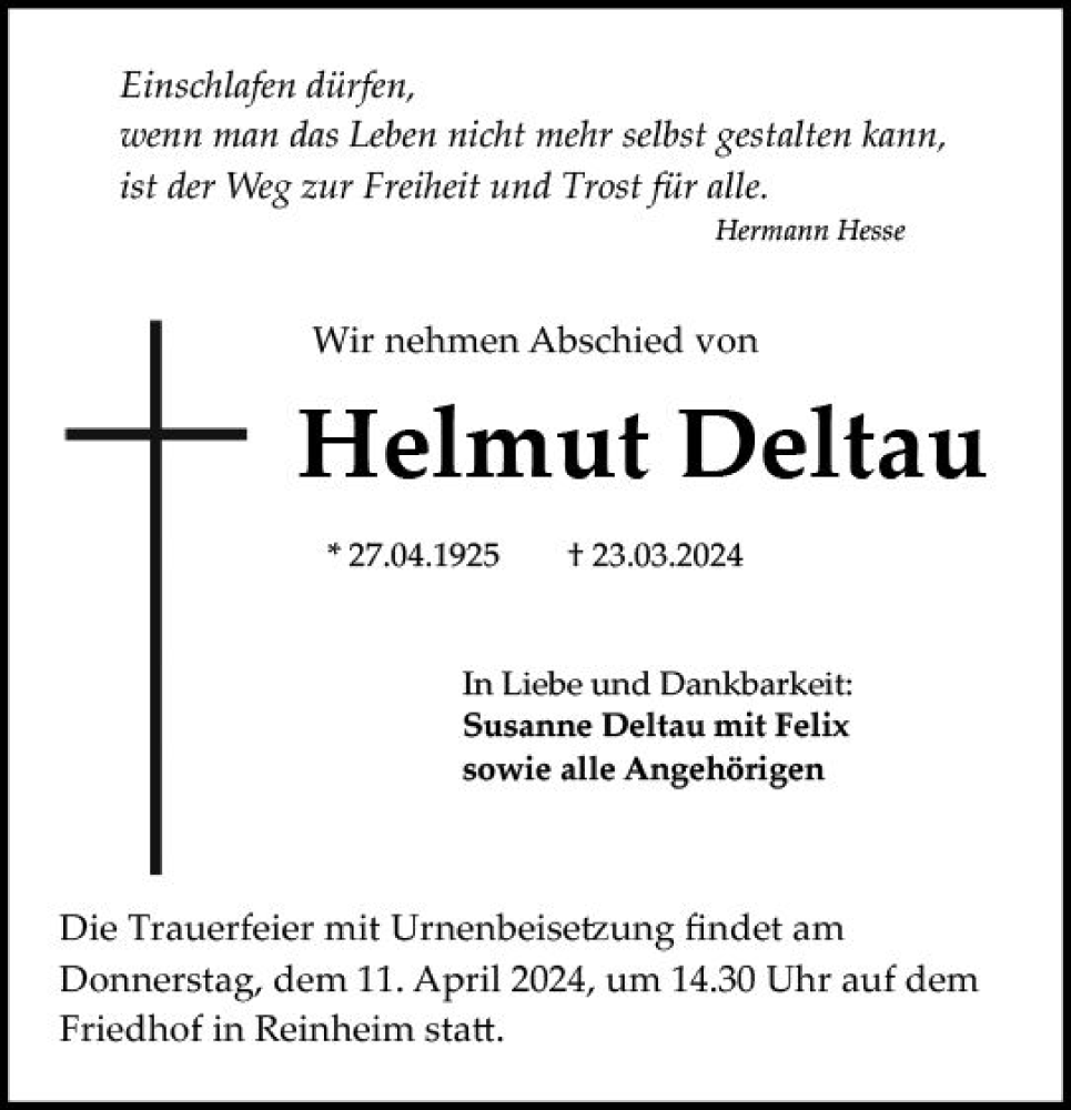  Traueranzeige für Helmut Deltau vom 06.04.2024 aus Darmstädter Echo