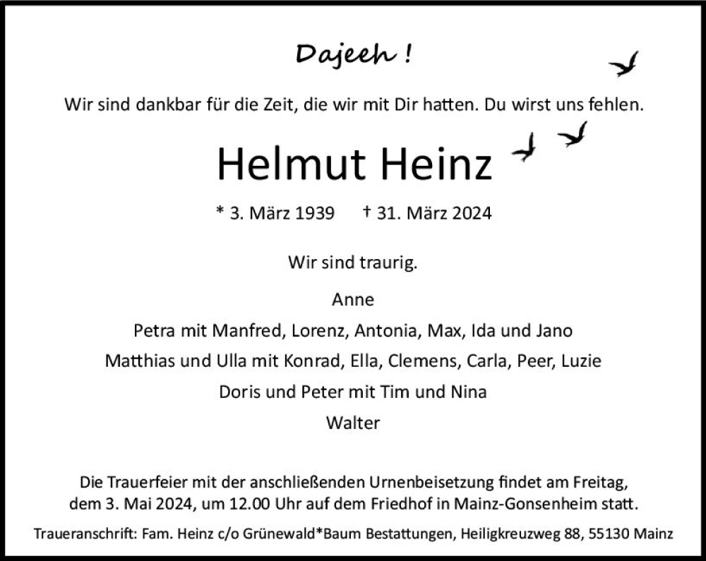  Traueranzeige für Helmut Heinz vom 20.04.2024 aus Allgemeine Zeitung Mainz