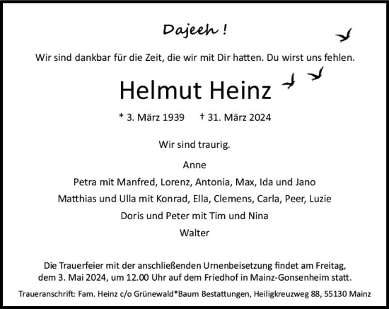 Traueranzeige von Helmut Heinz von Allgemeine Zeitung Mainz