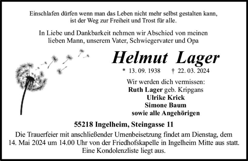  Traueranzeige für Helmut Lager vom 27.04.2024 aus Allgemeine Zeitung Bingen/Ingelheim